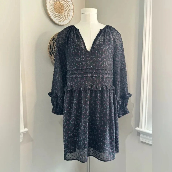 Zara Long Sleeve Black Pink Floral Swiss Dot All Ruffles Babydoll Dress size XS - Picture 3 of 16